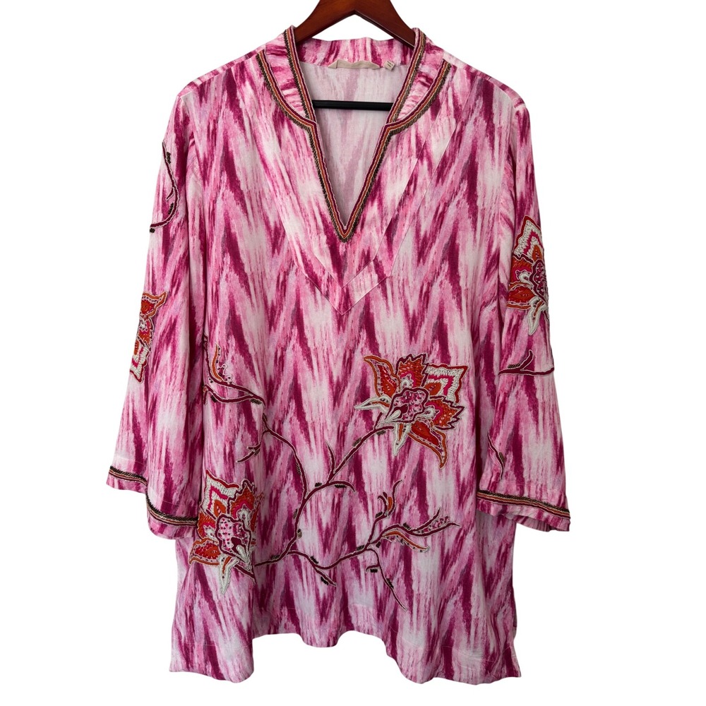 Soft Surroundings Altea‎ Pink Tie Dye Floral Embroidered V Neck Blouse Tunic XL